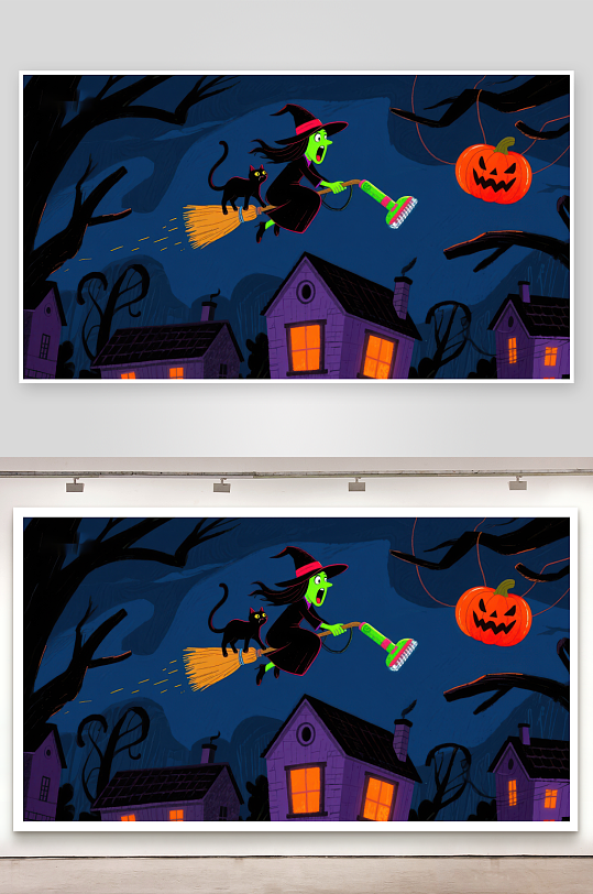 万圣夜巫女骑扫帚飞过村庄-众图网