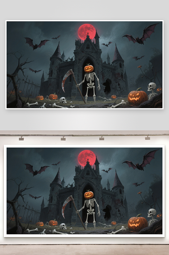 万圣节夜景骷髅与南瓜灯的城堡-众图网