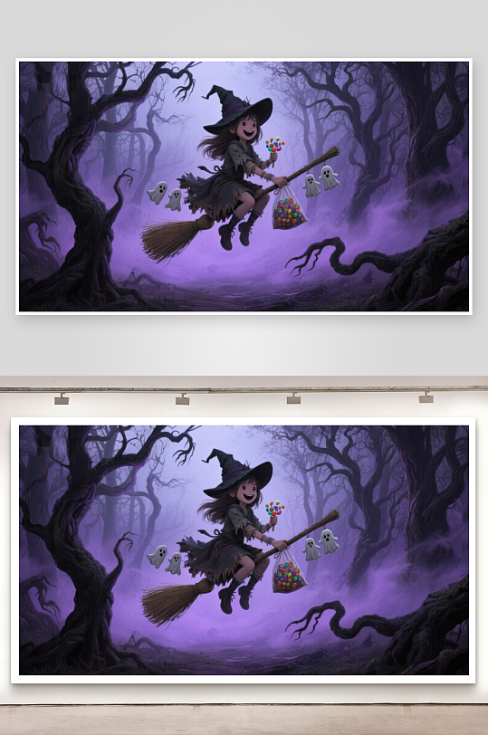 巫女骑帚穿越幽林-众图网