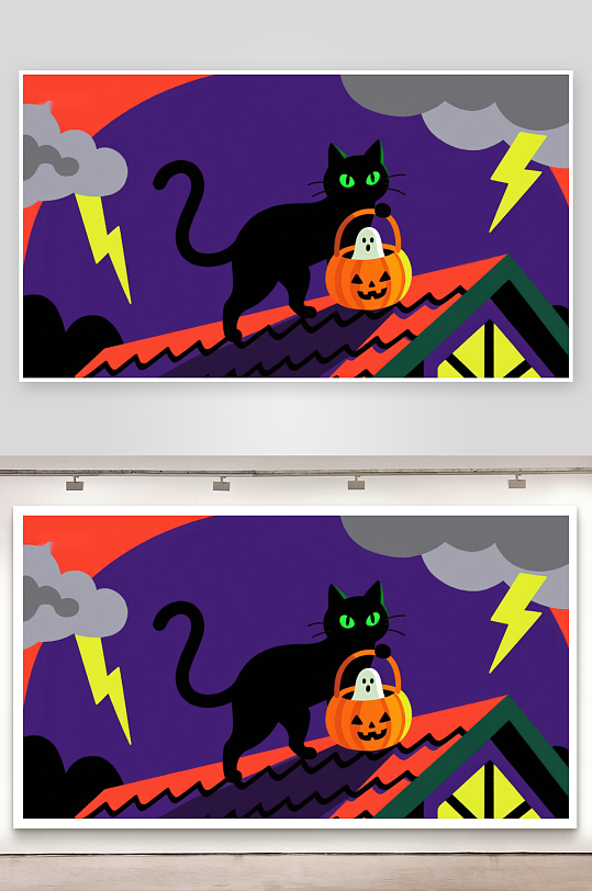 黑猫屋顶持南瓜灯雷电夜空背景-众图网