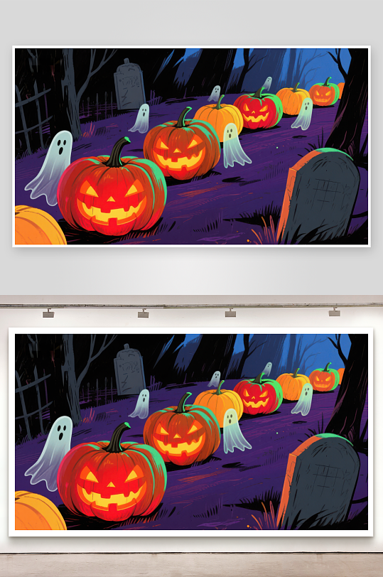 万圣节南瓜灯与幽灵的墓地夜景-众图网