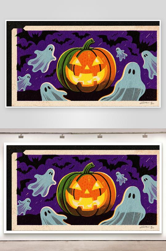 万圣节南瓜与幽灵的夜景-众图网