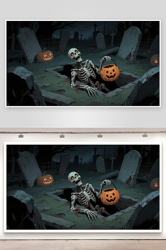 墓地中的骷髅手持南瓜灯-众图网