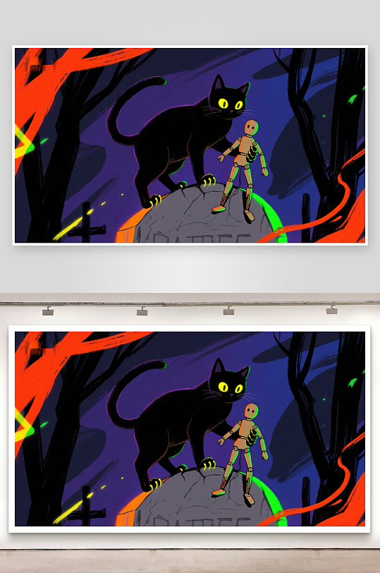 夜幕下的黑猫与木偶-众图网