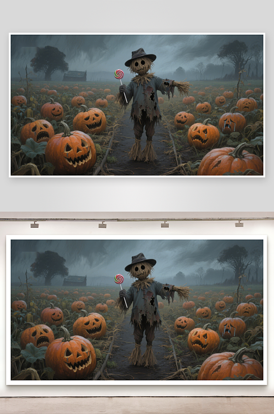 万圣节南瓜田中的稻草人-众图网