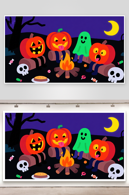 万圣节南瓜与幽灵围篝火-众图网