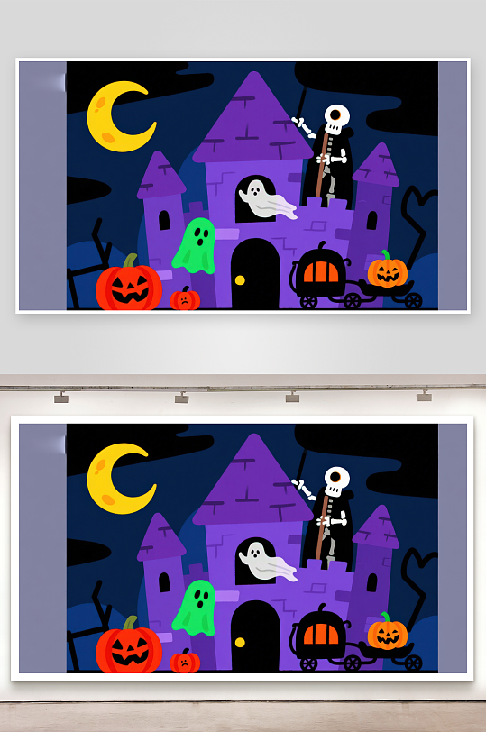 万圣节夜景幽灵城堡与南瓜灯-众图网