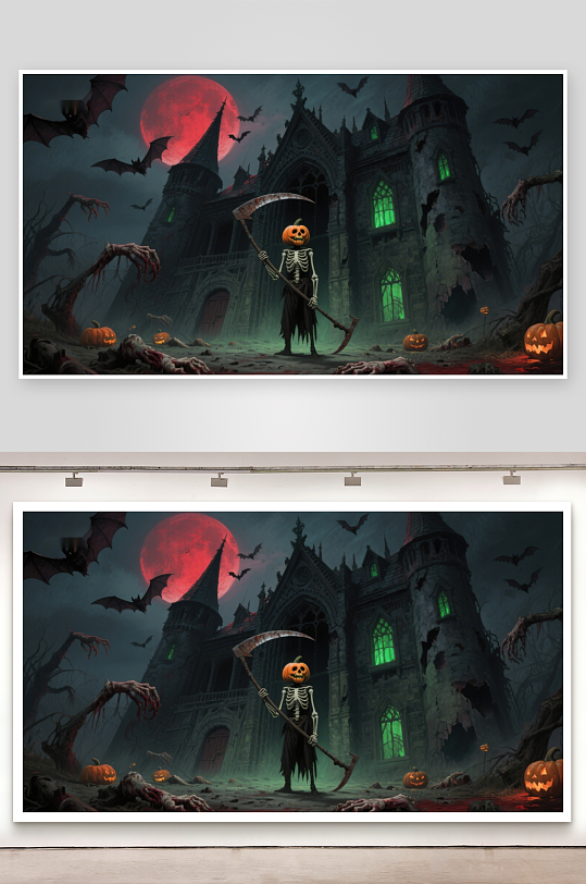 万圣节夜景南瓜骷髅与古堡-众图网