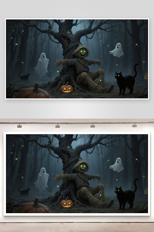 幽暗森林中的万圣节场景-众图网