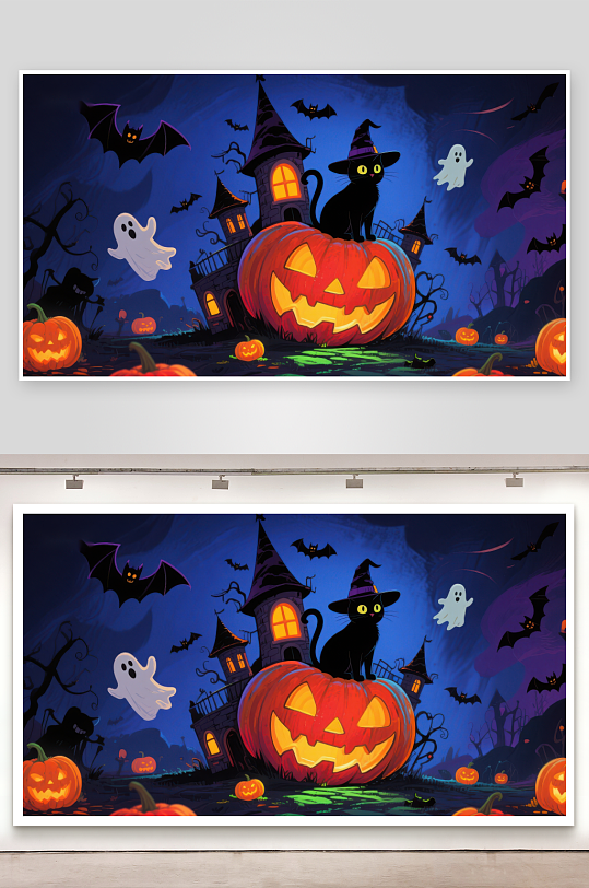 万圣节夜景南瓜灯与黑猫-众图网