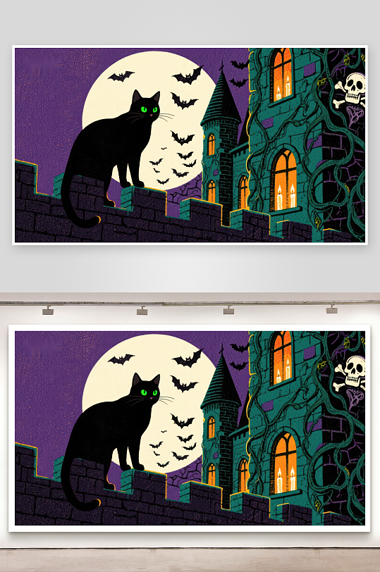 月夜城堡上的黑猫与蝙蝠-众图网