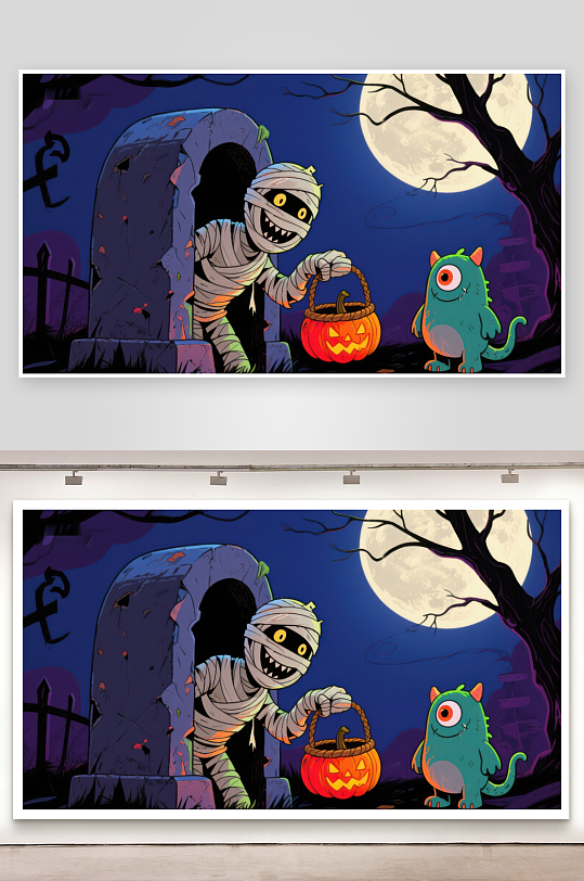 万圣夜墓地里的木乃伊与小怪兽-众图网