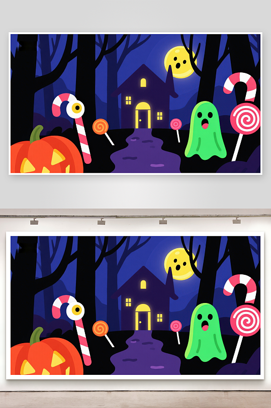 万圣节糖果与幽灵的奇幻夜景-众图网