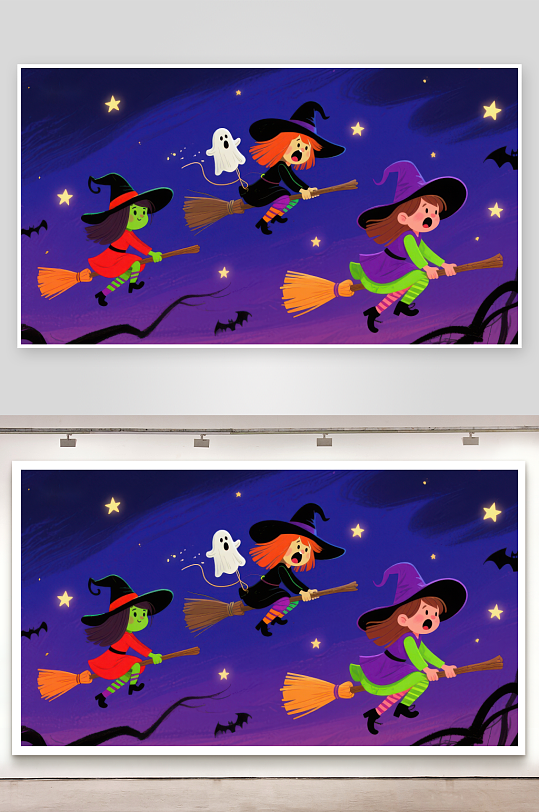万圣夜巫女骑扫帚飞行-众图网