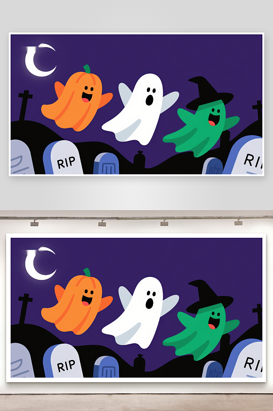 万圣节夜景南瓜幽灵与巫师飞行-众图网