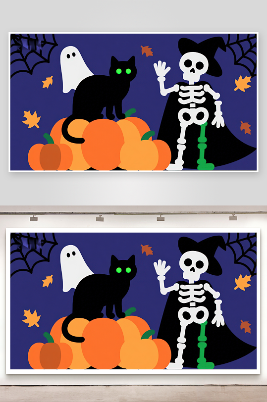 万圣节骷髅与黑猫南瓜灯场景-众图网