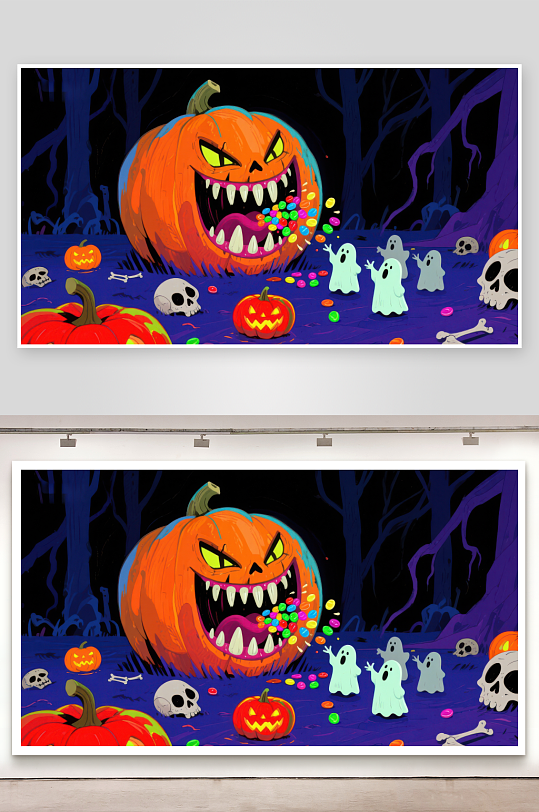 万圣节南瓜吐糖果幽灵森林夜景-众图网