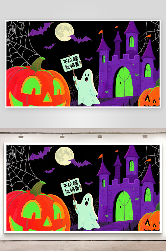 万圣节夜景南瓜灯幽灵与城堡-众图网
