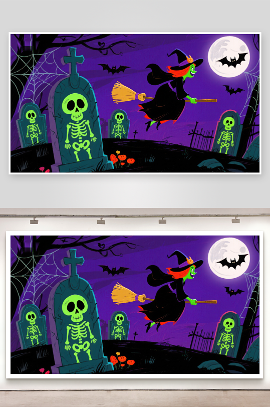 万圣节夜景女巫飞越墓地-众图网