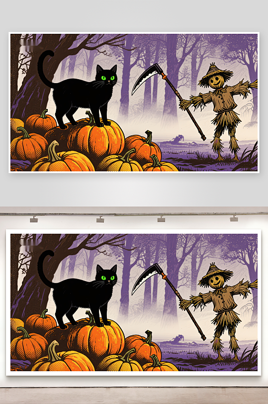 万圣节场景黑猫与稻草人-众图网
