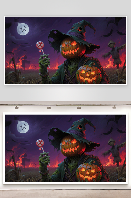 南瓜头巫师手持棒棒糖万圣节夜景-众图网