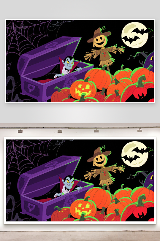 万圣节夜景南瓜棺材与稻草人-众图网