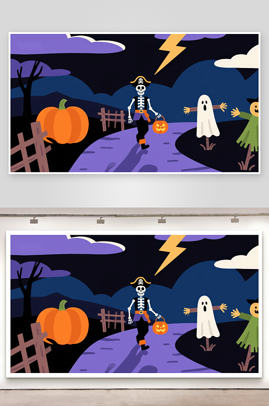 万圣节夜晚的骷髅与幽灵-众图网