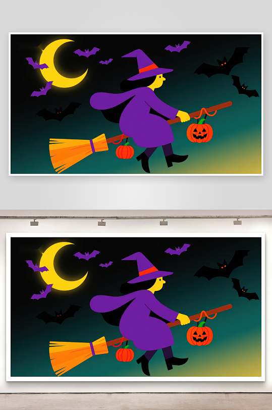 万圣夜女巫骑扫帚-众图网