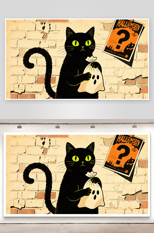 黑猫手持幽灵袋背景墙贴万圣节海报-众图网