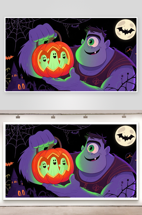 怪兽手持南瓜灯万圣夜欢乐场景-众图网