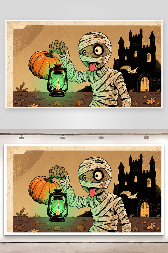 万圣节木乃伊手持南瓜灯-众图网