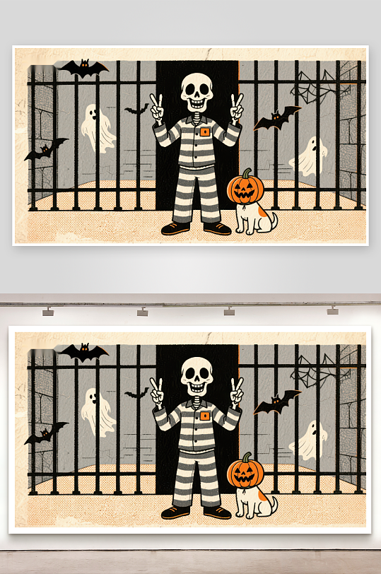 万圣节骷髅囚犯与南瓜猫-众图网