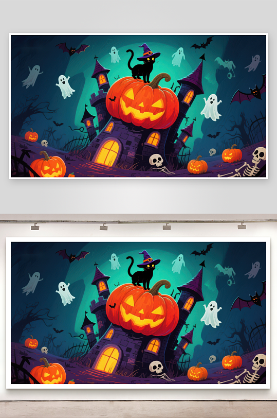 万圣节夜景南瓜城堡与幽灵-众图网