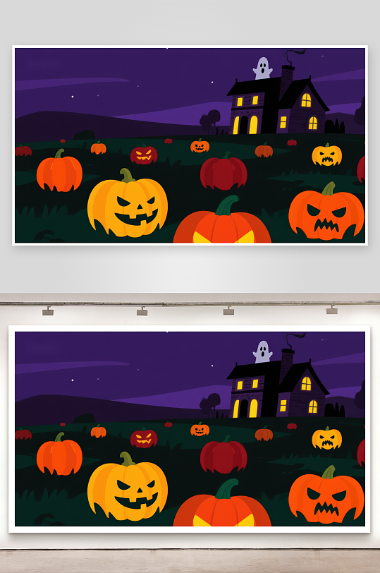 万圣节夜景南瓜灯与幽灵屋-众图网