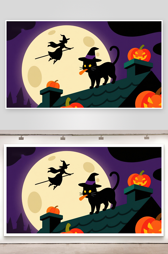 万圣夜屋顶上的猫与飞天女巫-众图网