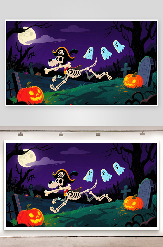 万圣节骷髅狗夜游墓地-众图网