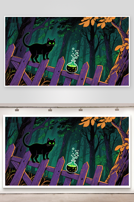 黑猫与魔法瓶的神秘森林-众图网