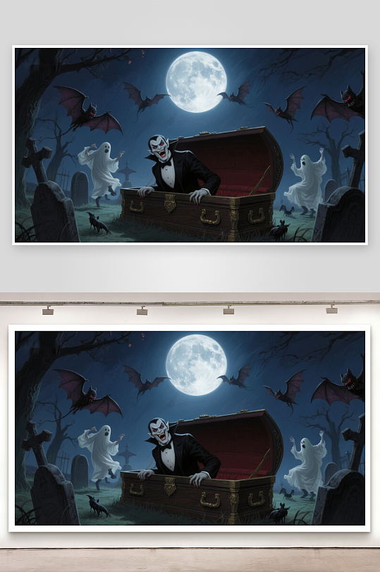 月夜墓地吸血鬼与幽灵的奇幻场景-众图网