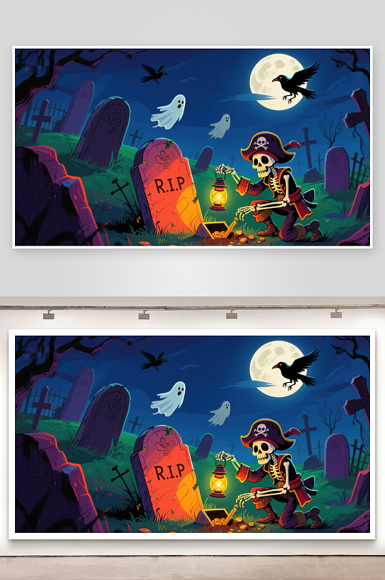 万圣节夜景骷髅海盗在墓地探险-众图网