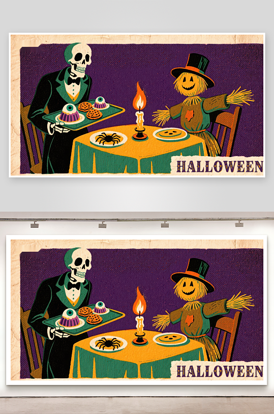 骷髅与稻草人共度万圣节晚餐-众图网