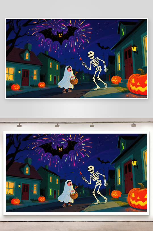 万圣夜童趣小女孩与骷髅共舞-众图网