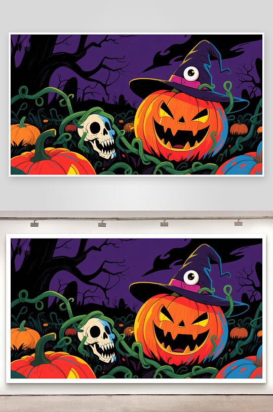 万圣节南瓜与骷髅的神秘夜景-众图网