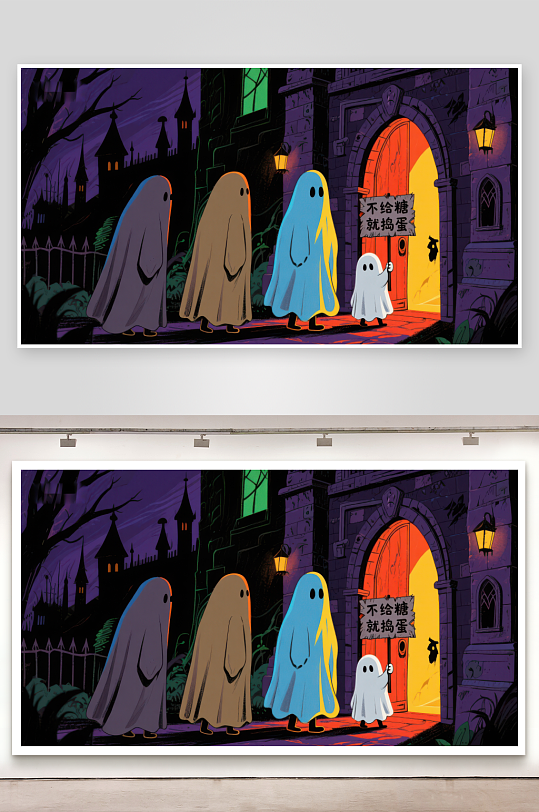 万圣节夜晚小鬼们在门前讨糖-众图网