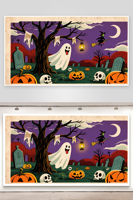 万圣节夜景鬼魂女巫与南瓜灯-众图网