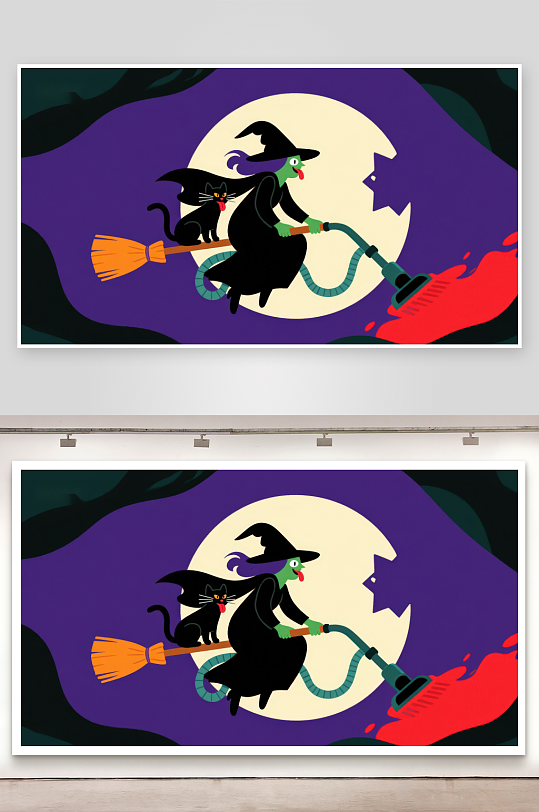 巫师骑扫帚与黑猫夜空飞翔-众图网