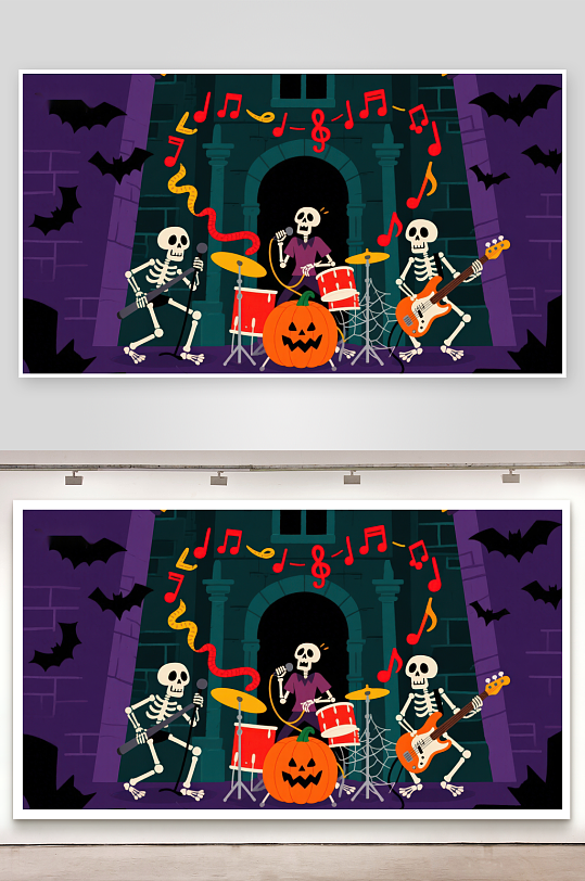 骷髅乐队在万圣节城堡演奏-众图网