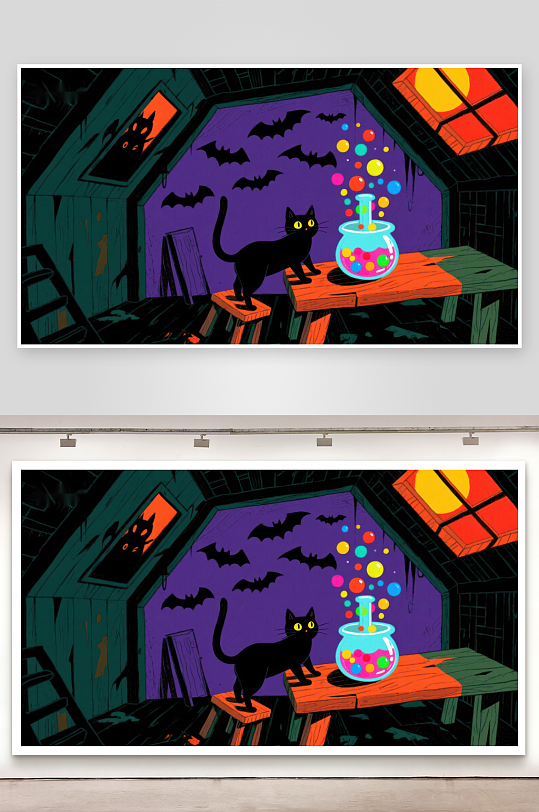 神秘阁楼中的黑猫与魔法药水-众图网