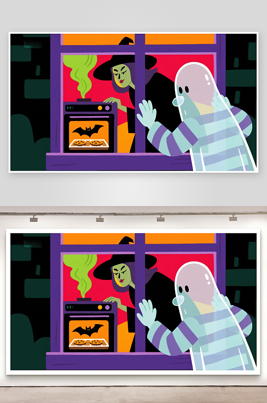 万圣节夜晚女巫与幽灵的温馨烘焙-众图网