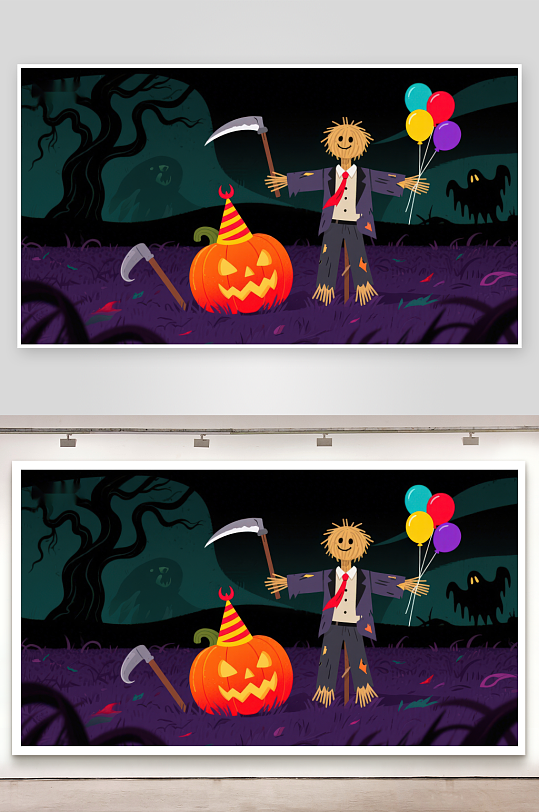 万圣节夜景稻草人与南瓜灯-众图网