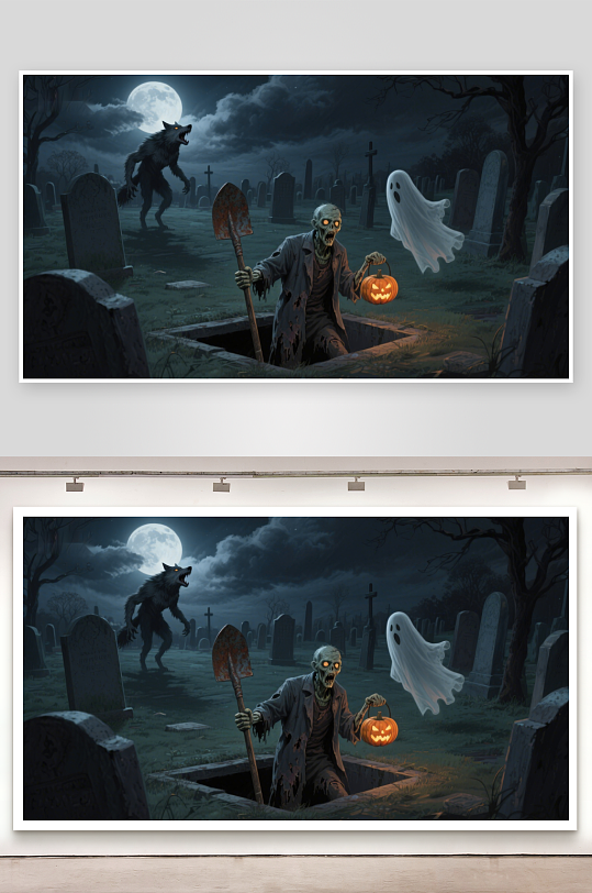 墓地里的万圣节幽灵与僵尸-众图网